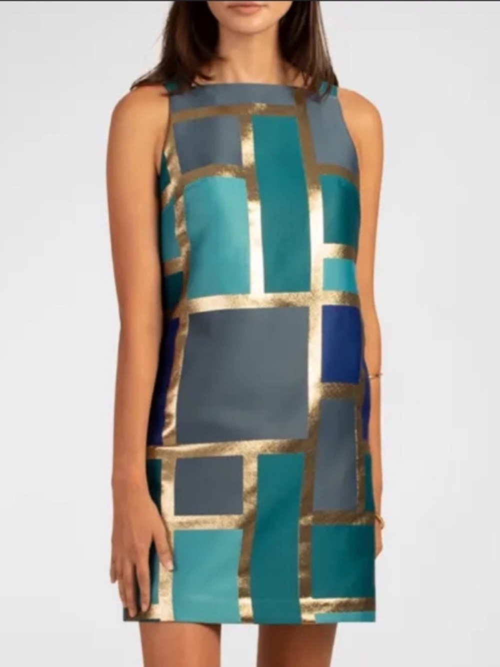 Trina Turk Creosote Blue and Gold Geometric Sheath Dress